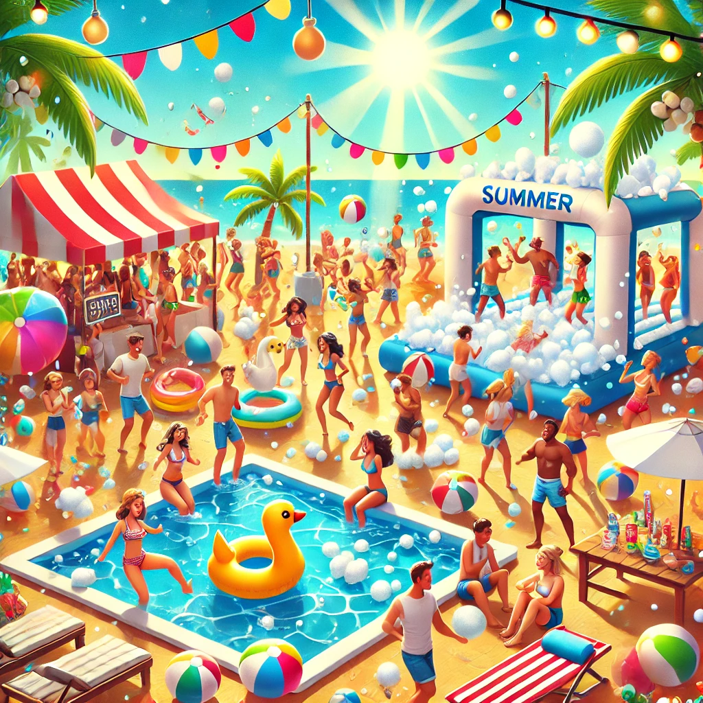 water pool, water bouncy, foam machine, rain dance, water pool rental, foam machine rental, rain dance setup, water party equipment, summer party rentals